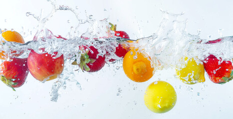 Fruits in water on white background. Healthy food concept. Panorama