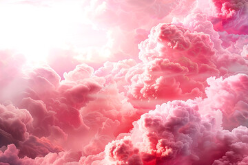 Pink fluffy clouds, sun shining and rainbow illustration. Beautiful sky