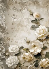 shabby chic scrapbook paper with white roses and lace on a damask background