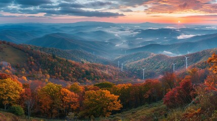 Panoramic blue ridge mountains vista, wind turbines dotting the landscape, symbol of renewable energy, vast, AI Generative