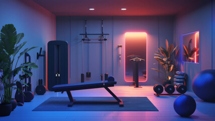 A sleek modern home gym setup illuminated by vibrant neon lights, showcasing fitness equipment surrounded by plants. - obrazy, fototapety, plakaty