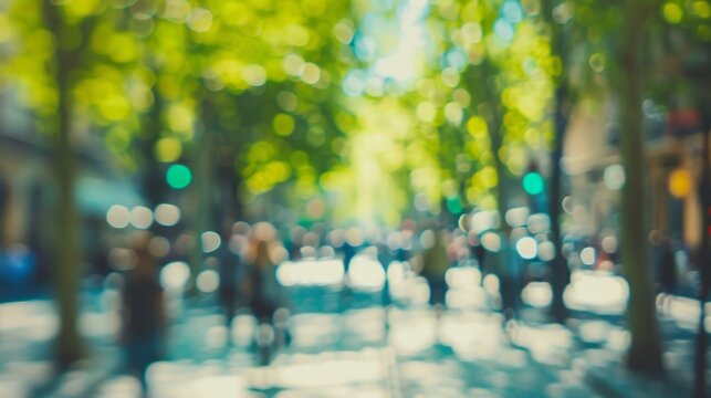 A blurred view of a bustling street lined with leafy trees capturing the lively atmosphere and new beginnings associated with the arrival of spring. .