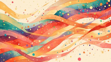 An eye catching watercolor background splattered with a rainbow of colors resembling confetti vibrant dots of watercolor on a crisp white canvas and playful wavy stripes adorned with tiny d - obrazy, fototapety, plakaty