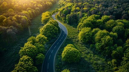 Sprawling road amid spring's awakening, aerial perspective, fields of green and floral bursts, dawn's early light, AI Generative - obrazy, fototapety, plakaty