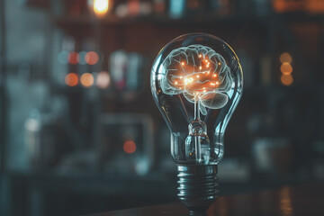 Lightbulb showcasing a glowing brain hologram, Concept of innovation, intelligence, and creative idea generation in technology and science. - obrazy, fototapety, plakaty