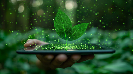 Environmental, Social and Corporate Governance. Businessman Working on Tablet. Sustainable Resources. Environmental and Business Growth Together. Blurred Green Leaf Arrow as background. - obrazy, fototapety, plakaty