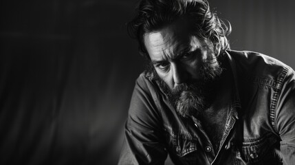 In a wide shot an actor is captured in a powerful pose the black and white filter adding a timeless quality to their portrait as they embody the dramatic essence of their craft. .