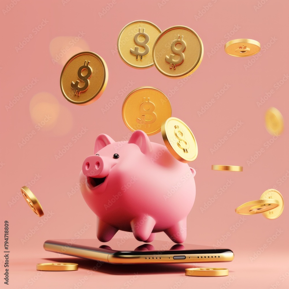 Poster visualize a 3d scene where golden coins flow seamlessly from a smartphone screen into a smiling pigg