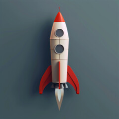 Stylized illustration of a vintage toy rocket with a red and beige design on a solid grey background. - obrazy, fototapety, plakaty