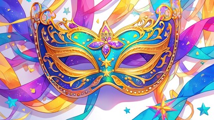 A vibrant coloring book featuring a carnival mask adorned with shiny stars for children