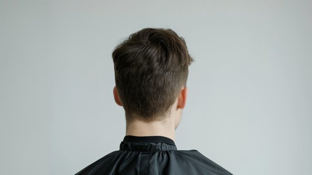 Rear view of a person with stylish hair and wears a black hairdressers cape against white background.