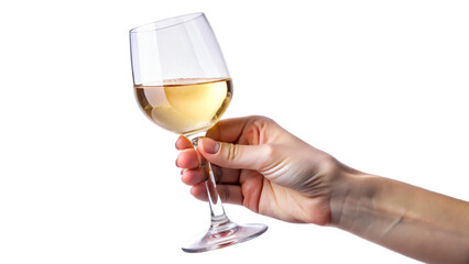 Hand holding a glass of white wine surrounded by items like bottles, glasses, and reflections