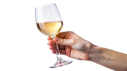 Hand holding a glass of white wine surrounded by items like bottles, glasses, and reflections