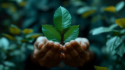 Renewable and Sustainable Resources. Environmental and Ecology Care Concept. Close up of Hand Holding a Green Leaf on Chest. - obrazy, fototapety, plakaty