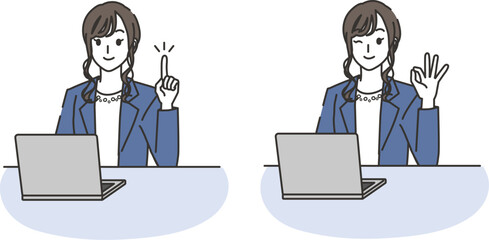 パソコンと指差しポーズ・OKポーズをするオフィスカジュアルコーデの女性