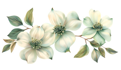 3 beautiful pastel greenish white Dogwood flowers with leaves on solid white background