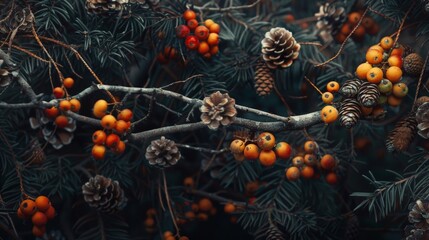 Pine cones and berries on tree