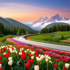 the essence of spring along a busy highway, where a verdant belt of foliage bursts forth with the vibrant colors