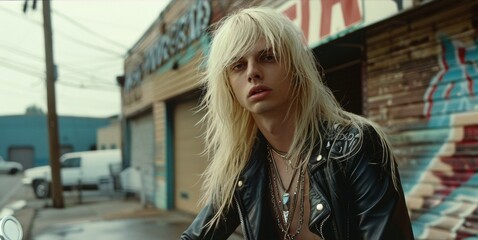Sporting a long blonde wig and a leather jacket the actor captures the edgy vibe of a rebellious rockstar they played in a cult classic movie. . - obrazy, fototapety, plakaty