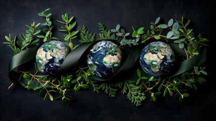 Renewable and Sustainable Resources. Environmental Care. Green Ribbon Embracing a Globe. Top View. - obrazy, fototapety, plakaty