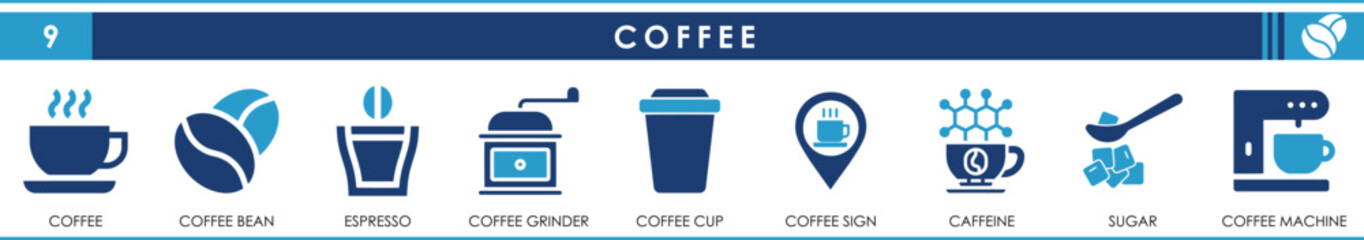 Coffee icon set. Containing coffee cup, coffee bean, grinder, sugar and so on. Flat coffee icons.