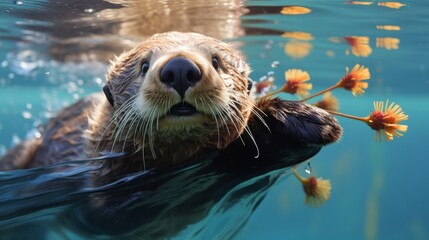 Fototapeta premium An otter playing with a flower in the ocean.