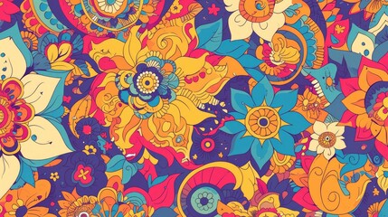 Fototapeta premium Discover the captivating fusion of traditional Mehndi design and vibrant ethnic doodle textures in this tracery pattern The intricate curved doodles bring a burst of colorful creati