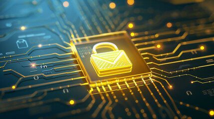 Golden email lock icon integrated into a glowing circuit, Concept of enhanced email encryption and modern cybersecurity measures.