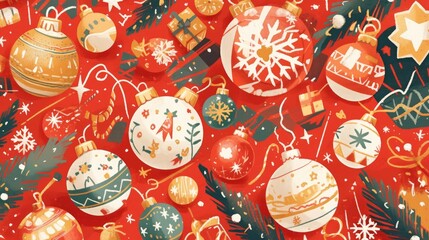 Celebrate the New Year in style with a vibrant festive pattern featuring colorful Christmas ball ornaments shimmering golden snowflakes lush fir branches and charming gift boxes against a b - obrazy, fototapety, plakaty
