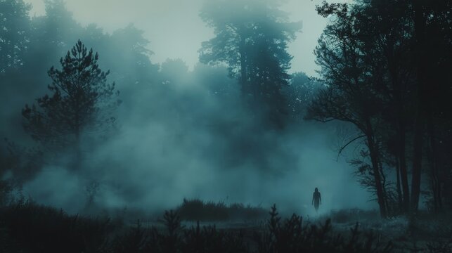 A shadowy figure looming in a foggy forest at dusk, suggesting a ghostly presence