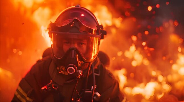 Portrait of a firefighter with a fire burning on background.
