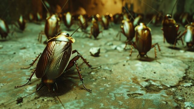 A detailed image of a cockroach infestation, showcasing the potential health risks associated with cockroaches and the need for pest control.