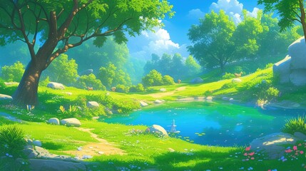 Obraz premium A vibrant summer forest scene unfolds with a crystal clear lake nestled on a sunlit glade surrounded by lush trees and a winding path This 2d cartoon captures the essence of nature with its 