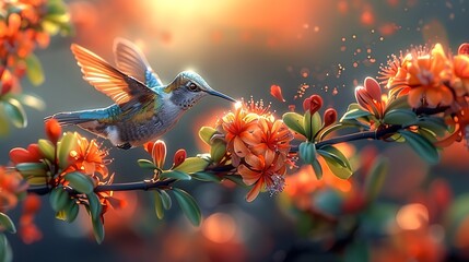 Fototapeta premium Generative AI : A closeup of a hummingbird in mid-flight, sips nectar from a flower