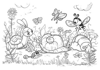 simple coloring page for kids  with cute cartoon insects