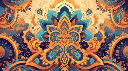 An intricate tracery pattern melds seamlessly with vibrant Mehndi designs and a colorful ethnic doodle texture on a gracefully curved 2d background