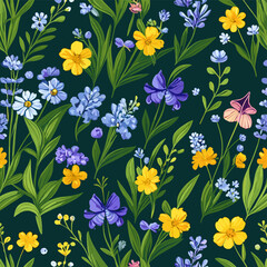 Seamless pattern with tiny bluebells and wildflowers on a forest green background