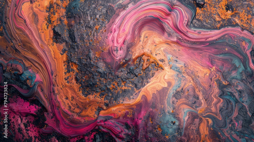 Poster a fitting for an orange and black texture with colorful paint flow on it abstract background could b