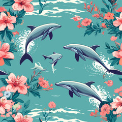 Seamless pattern with tiny, playful dolphins and coral flowers on a turquoise sea background
