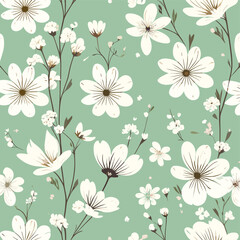 Seamless pattern with tiny, spring blossoms and flowers on a soft green background