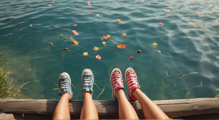 Top view, close-up of legs of children relaxing in lake on vacation, hot summer day. - obrazy, fototapety, plakaty