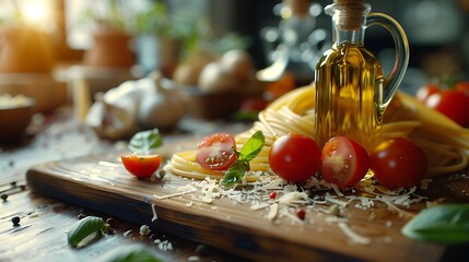 Spaghetti tomatoes basil garlic olive oil and parmesan cheese
