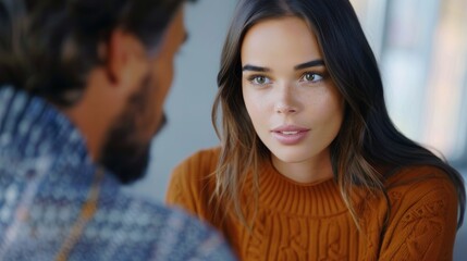 Close-up of a woman engaging in a deep conversation with a blurred man in the background.