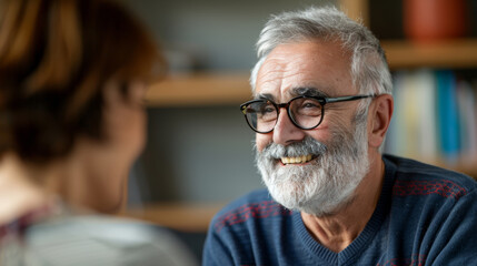 Cheerful elderly man with glasses enjoying a conversation, focus on the senior with blurred background.