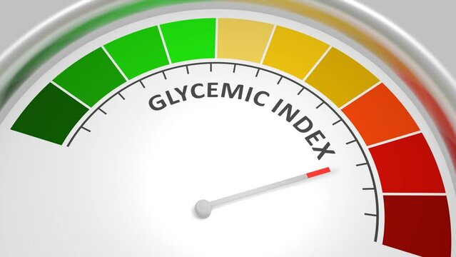Glycemic index level on measure scale. Instrument scale with arrow. Colorful infographic gauge element. Flat diabetes healthcare animation.