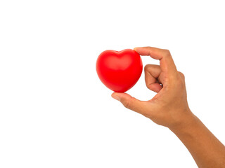 Hand holding a red heart-shaped object against a transparent background.