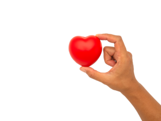 Hand holding a red heart-shaped object against a transparent background.