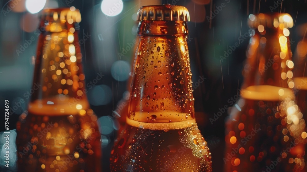 Poster close-up of cold beer bottles with condensation, highlighted by warm bokeh light, suggesting a refre