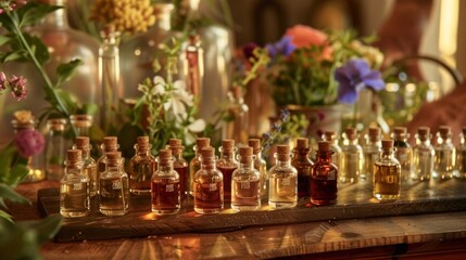 Obraz na płótnie Canvas Clustered around a table covered in vials of essential oils the artisan of aroma carefully blends different scents to create a custom fragrance for a special event. He skillfully combines .