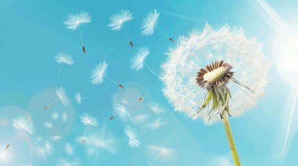 Dandelion fluff dispersing in the breeze on a clear blue background, symbolizing change and transition.